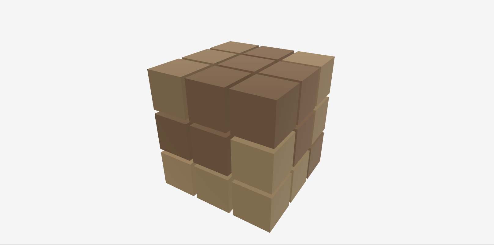 A 3x3x3 wooden Soma cube puzzle, assembled from 7 interlocking pieces