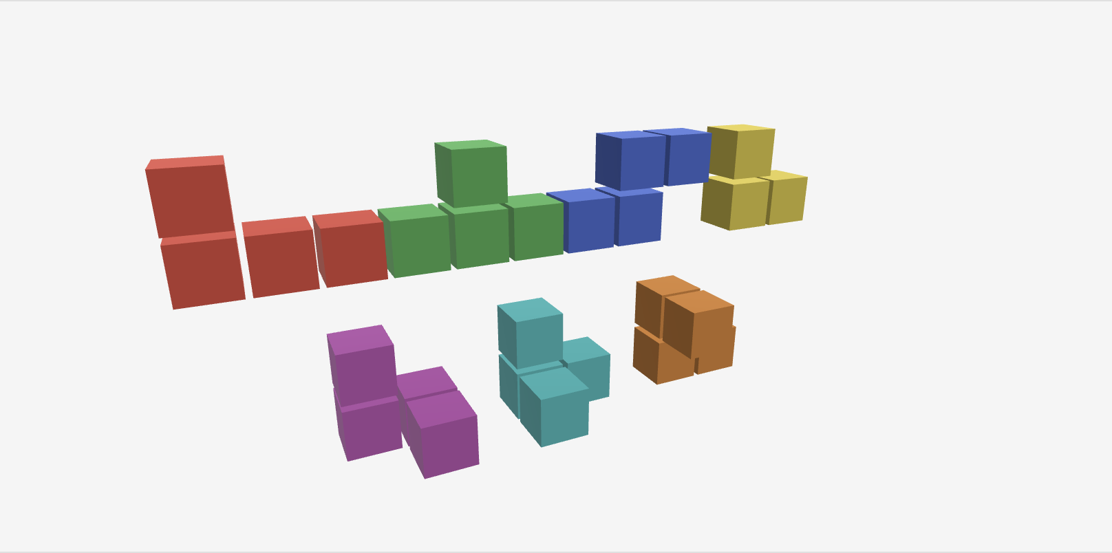 The 7 Soma cube pieces: an L-shape, T-shape, S-shape, small L, and three 3D corner pieces in red, green, blue, yellow, magenta, cyan, and orange