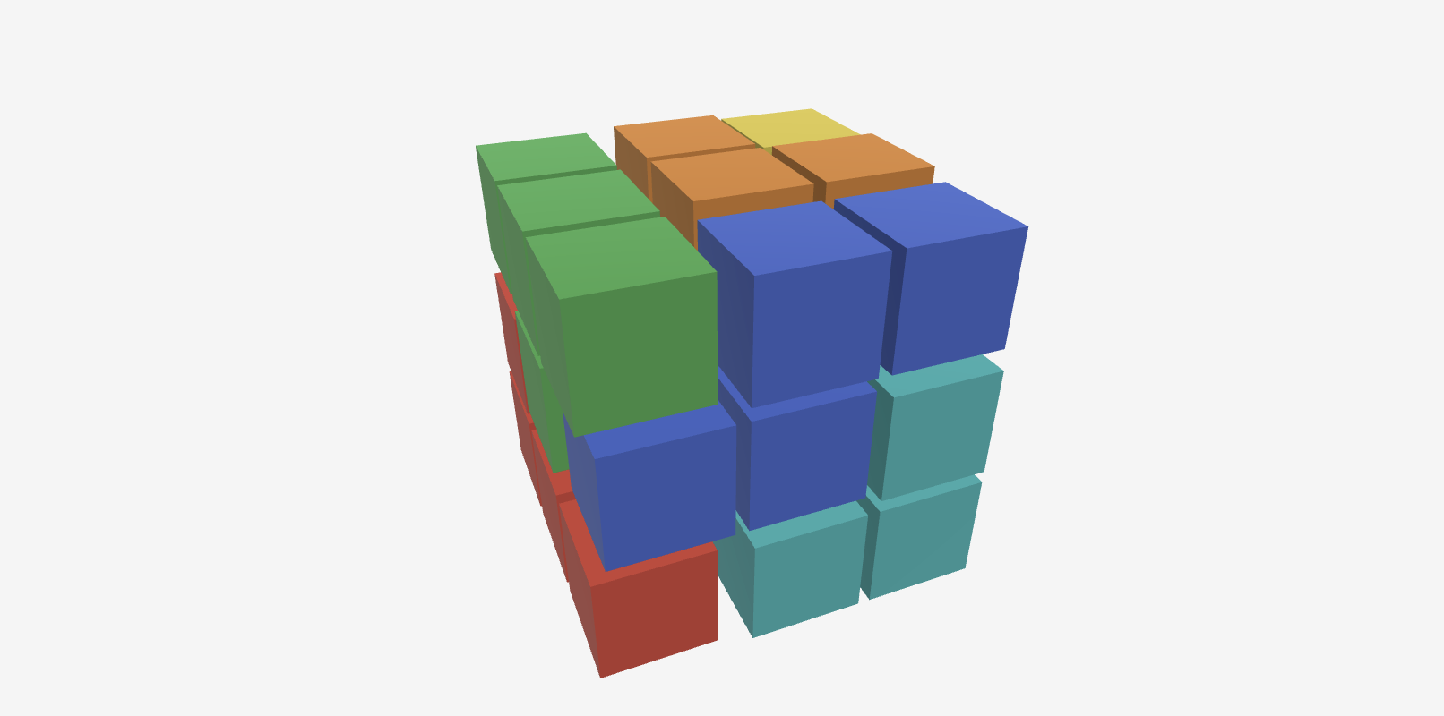 A complete Soma cube solution with pieces slightly exploded to show how they fit together